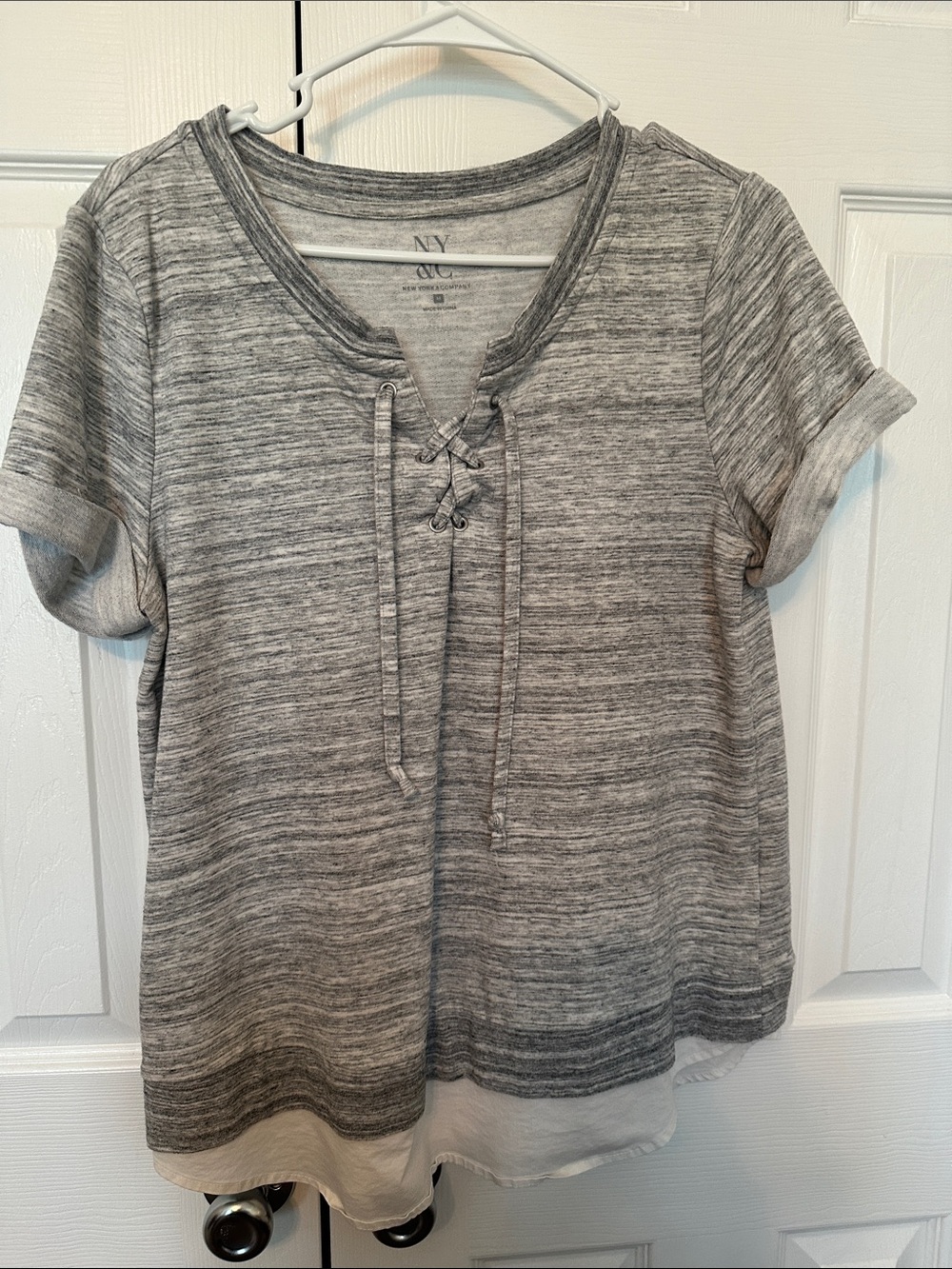 NY Collection Gray Heather Lace-Up Short Sleeve Tee